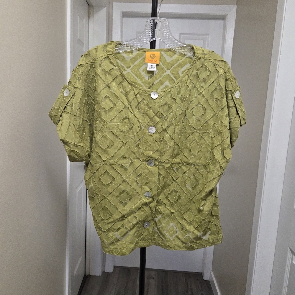 Ruby Rd. Cotton Blend Lace Overlay Button Front Top | Textured Green - Picture 2 of 6